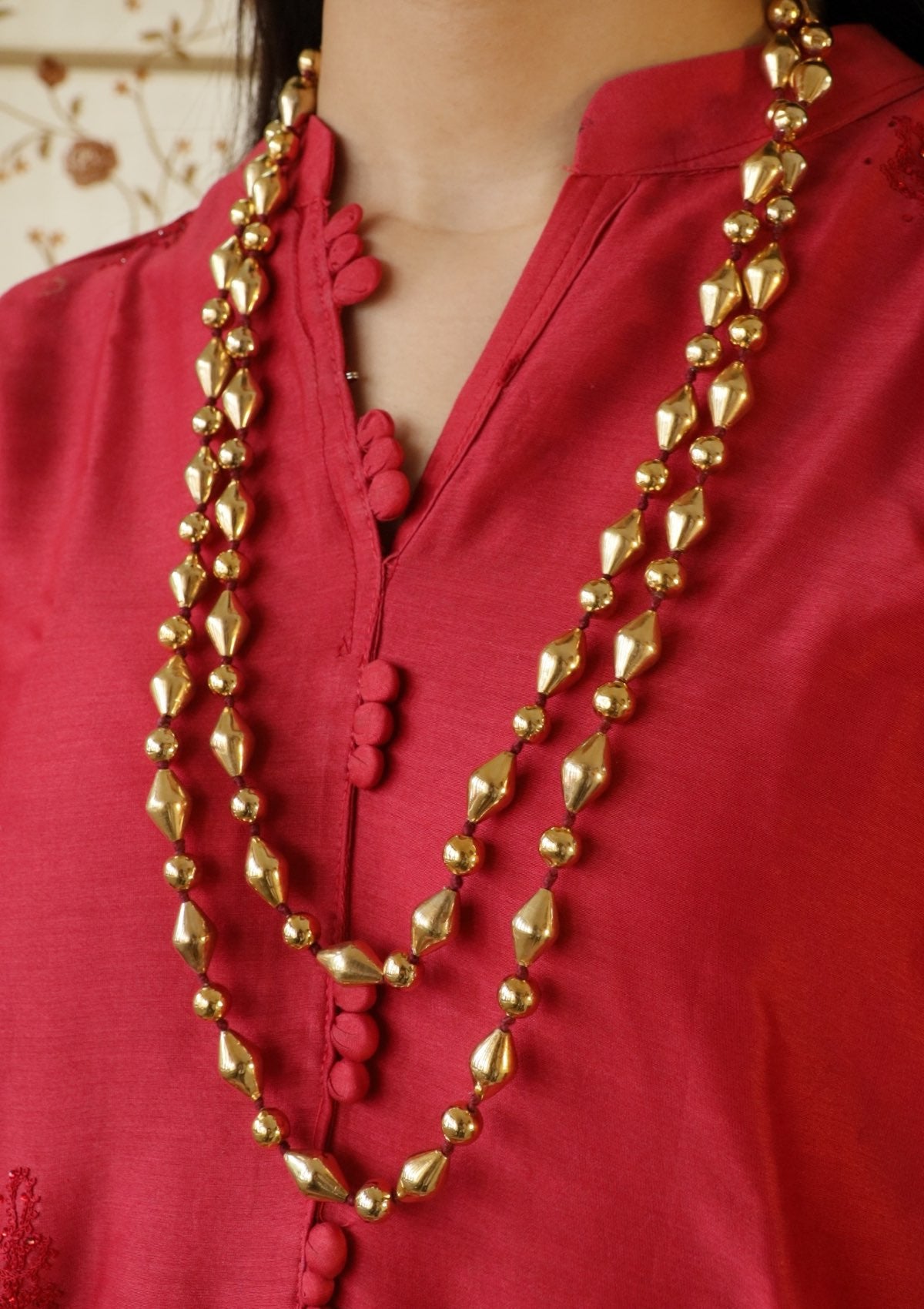 60 Inch Gold Plated Mix Dholki Beads Silver Necklace