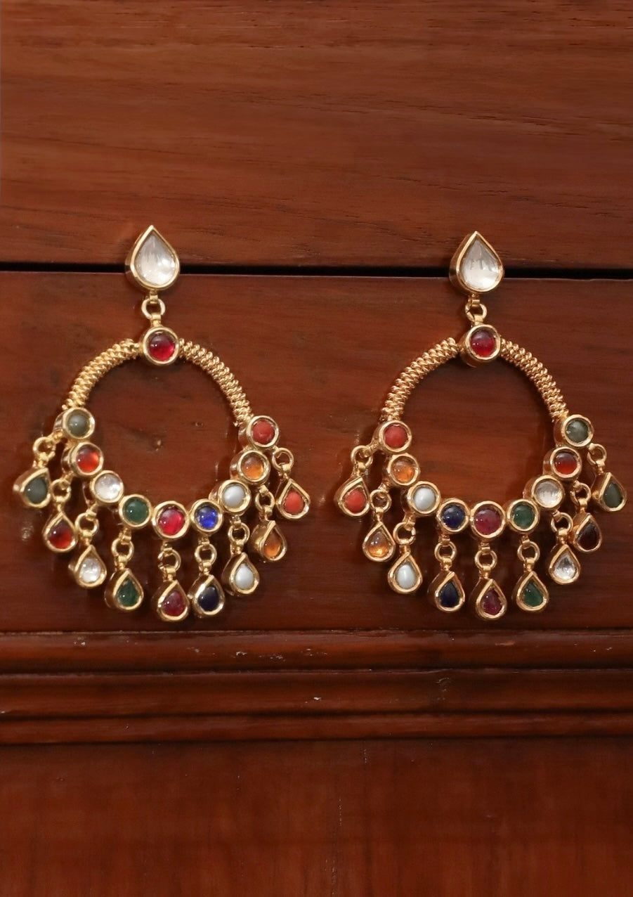 Rangrez Navratna Silver Chandbali Earrings