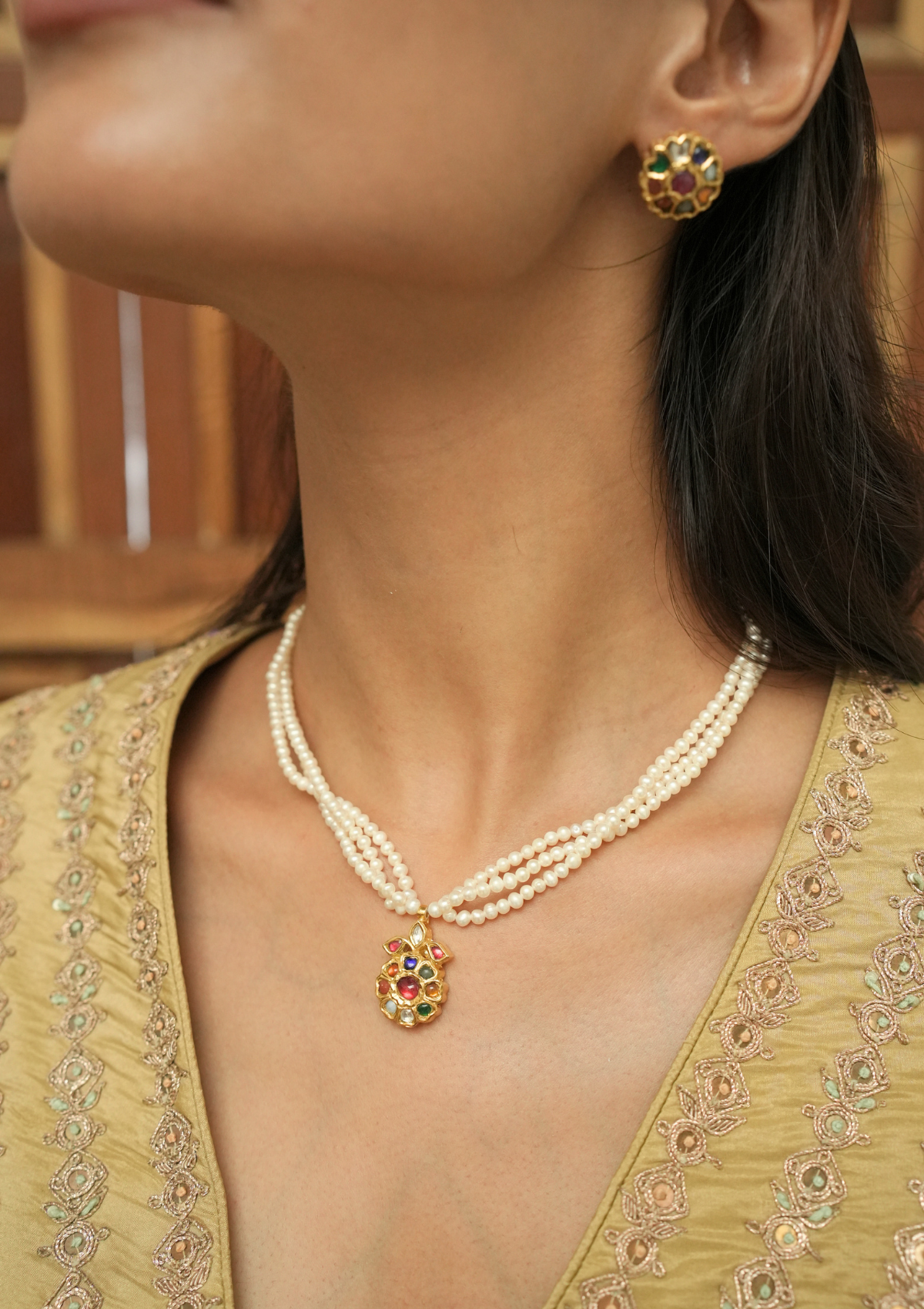 Gulbahaar Navratna Silver Pearl Necklace