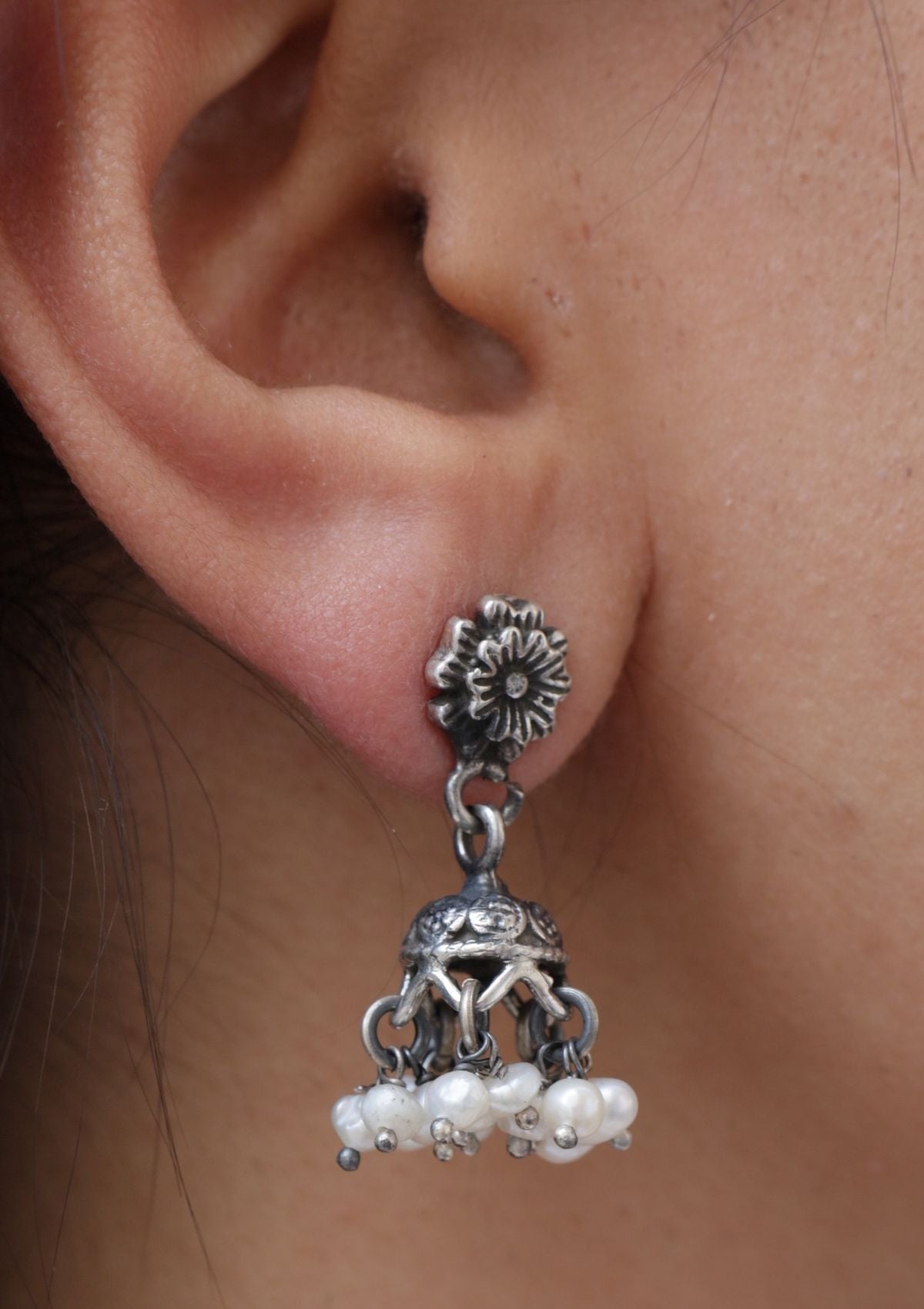 Nakhashi Pearl Silver Jhumki Earrings