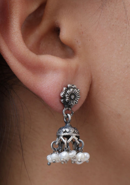 Nakhashi Pearl Silver Jhumki Earrings