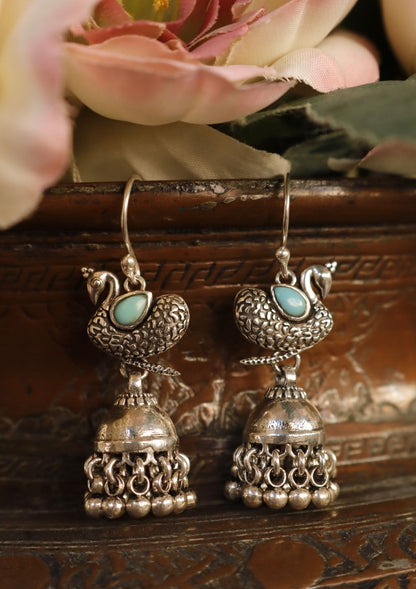 Mor Turquoise Silver Jhumki Earrings