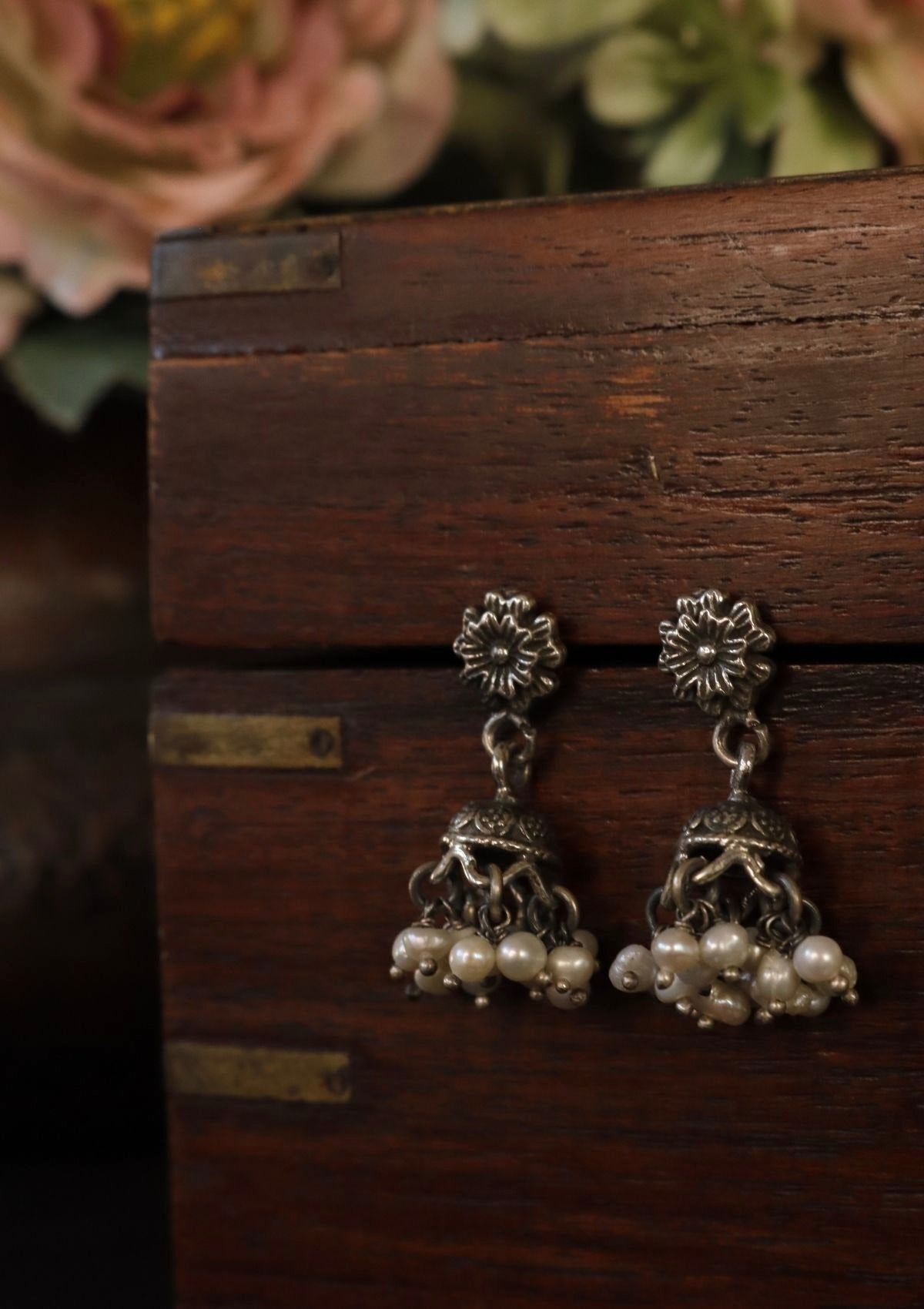 Nakhashi Pearl Silver Jhumki Earrings