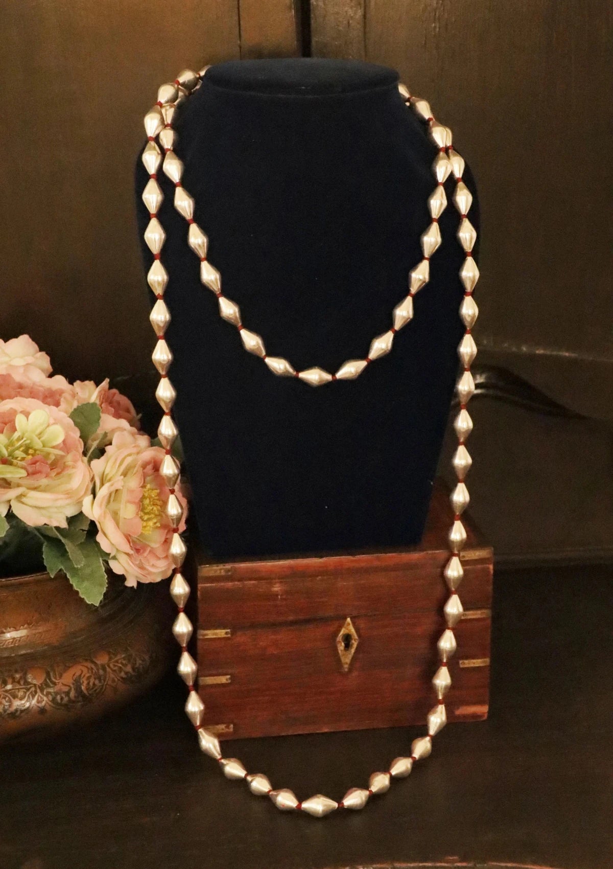 60 Inch Long Dholki Beads Silver Necklace