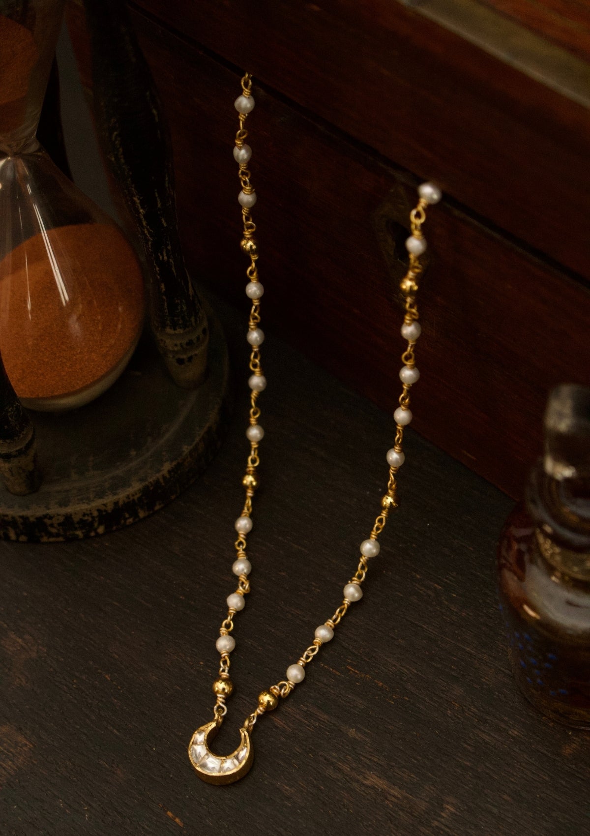 Crescent Moon Silver Pearl Chain