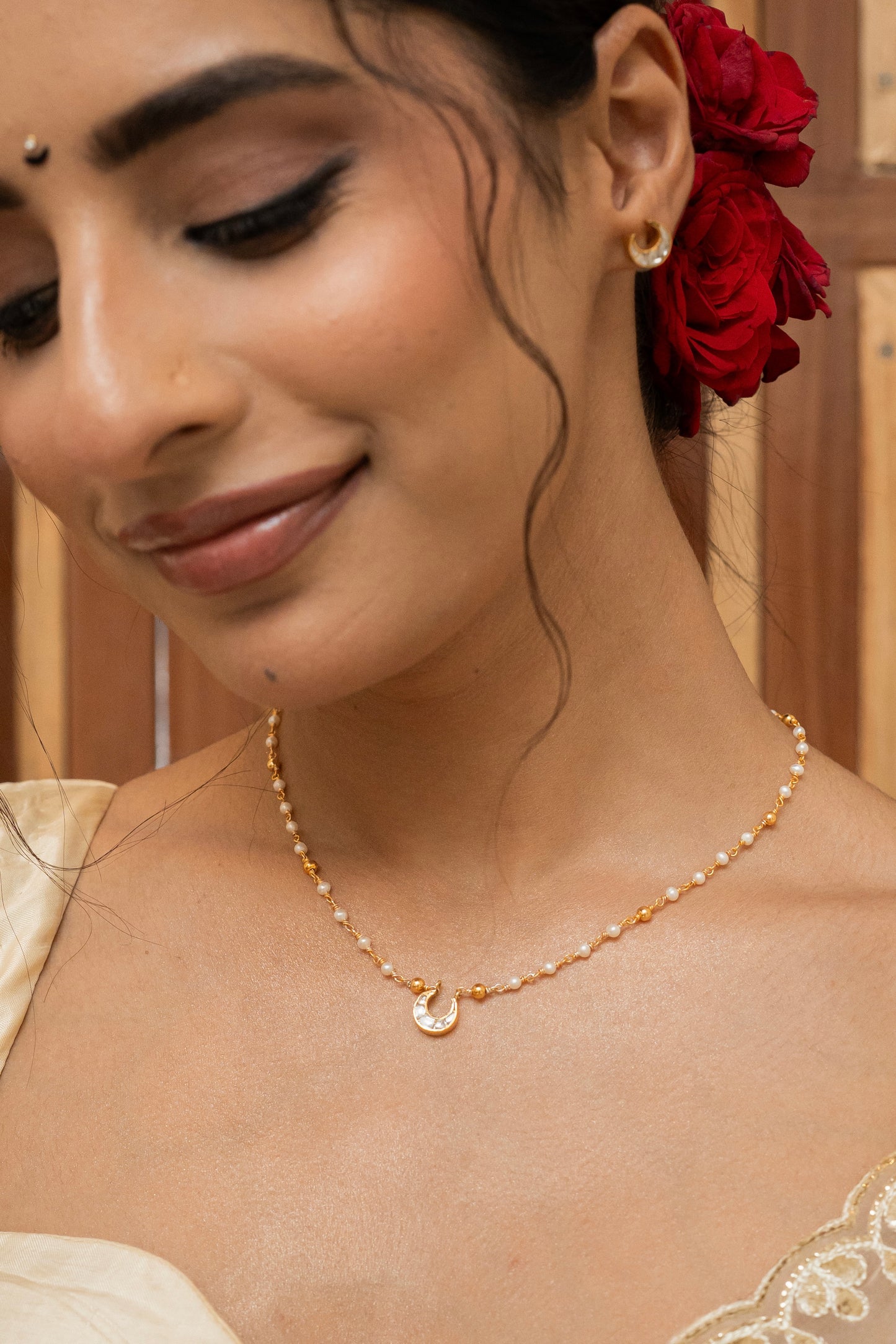 Crescent Moon Silver Pearl Chain