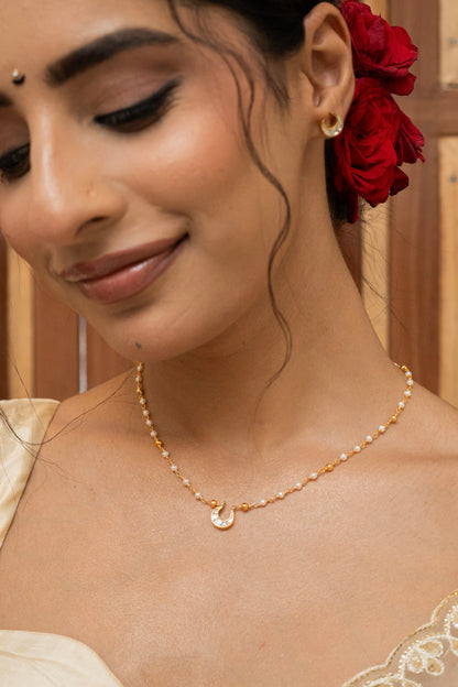 Crescent Moon Silver Pearl Chain