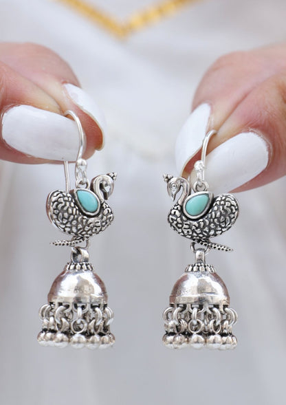 Mor Turquoise Silver Jhumki Earrings