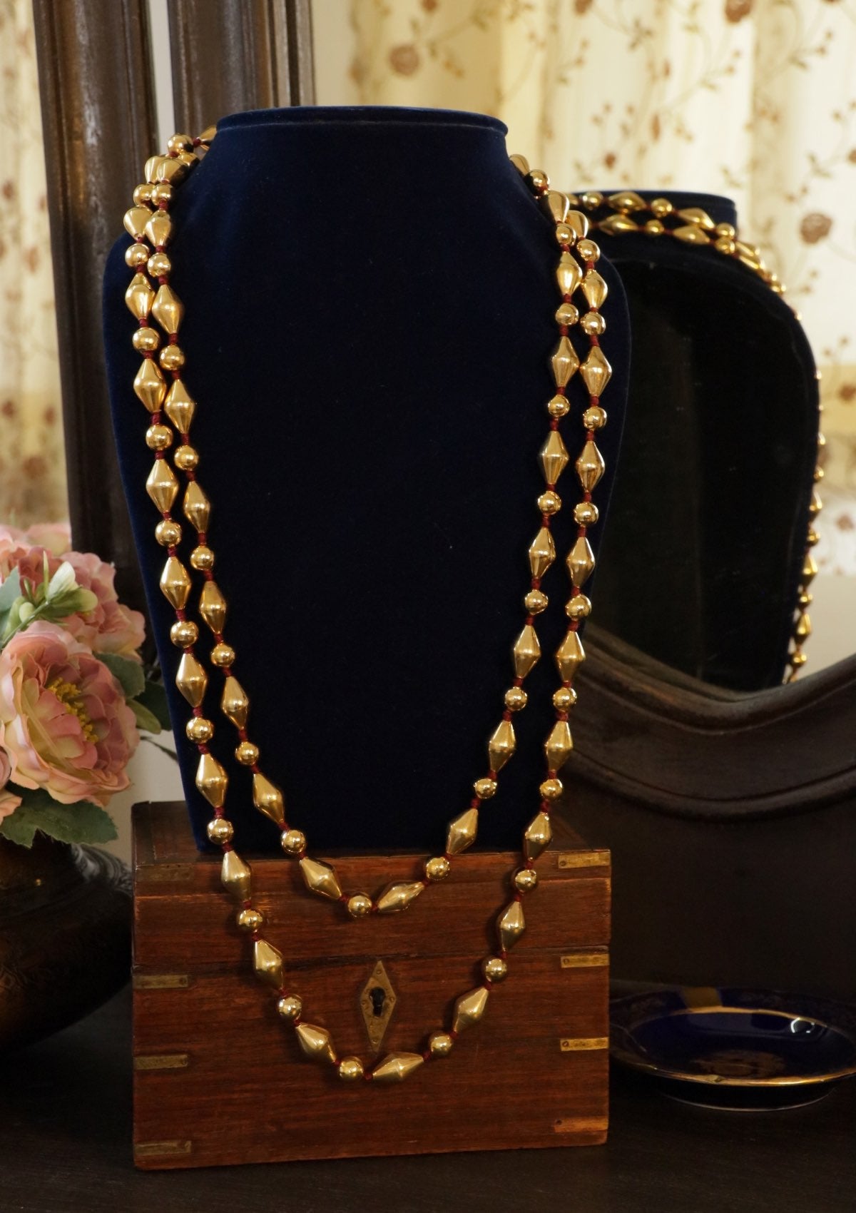 60 Inch Gold Plated Mix Dholki Beads Silver Necklace