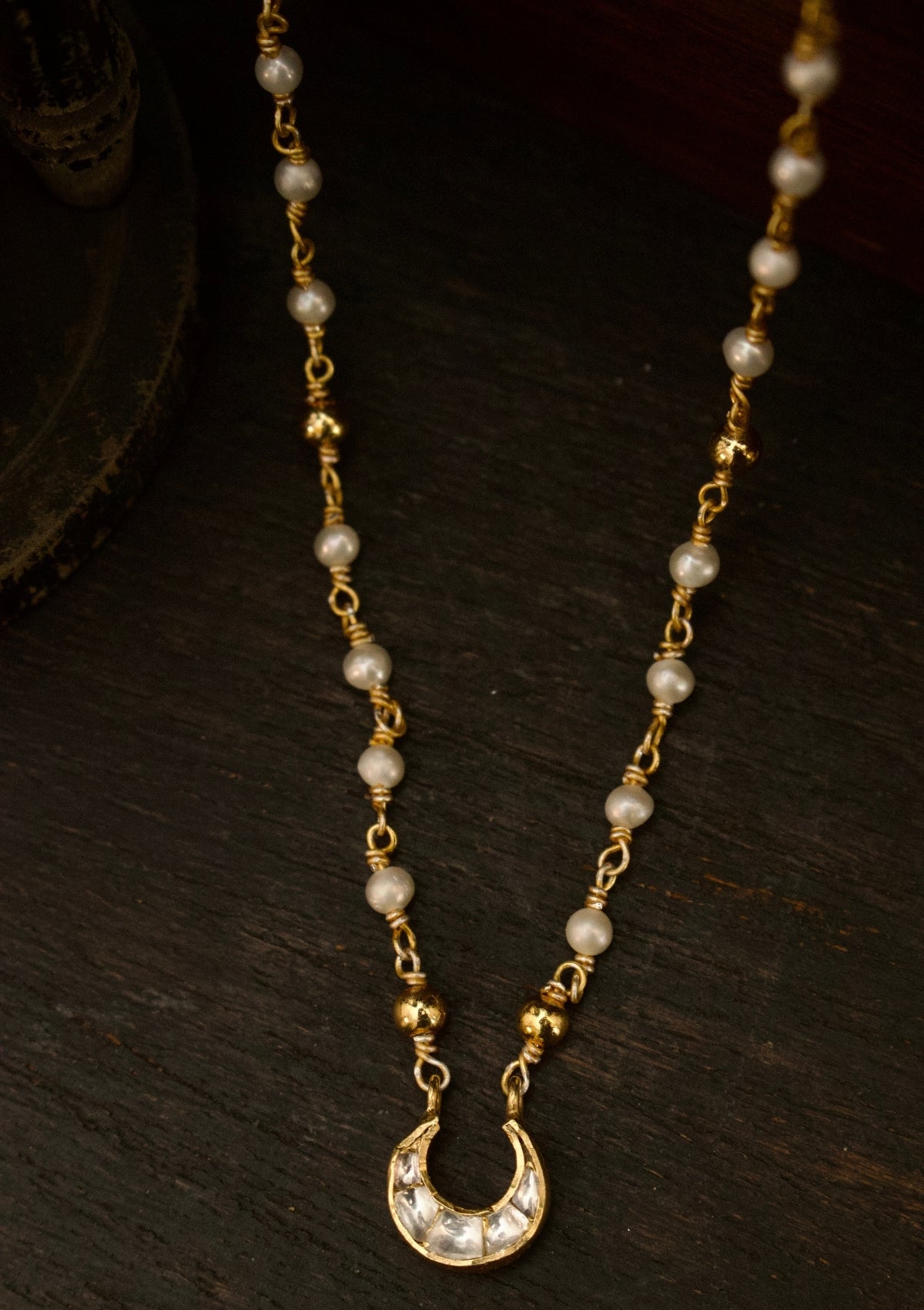 Crescent Moon Silver Pearl Chain