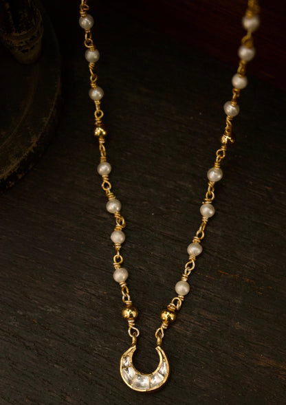 Crescent Moon Silver Pearl Chain