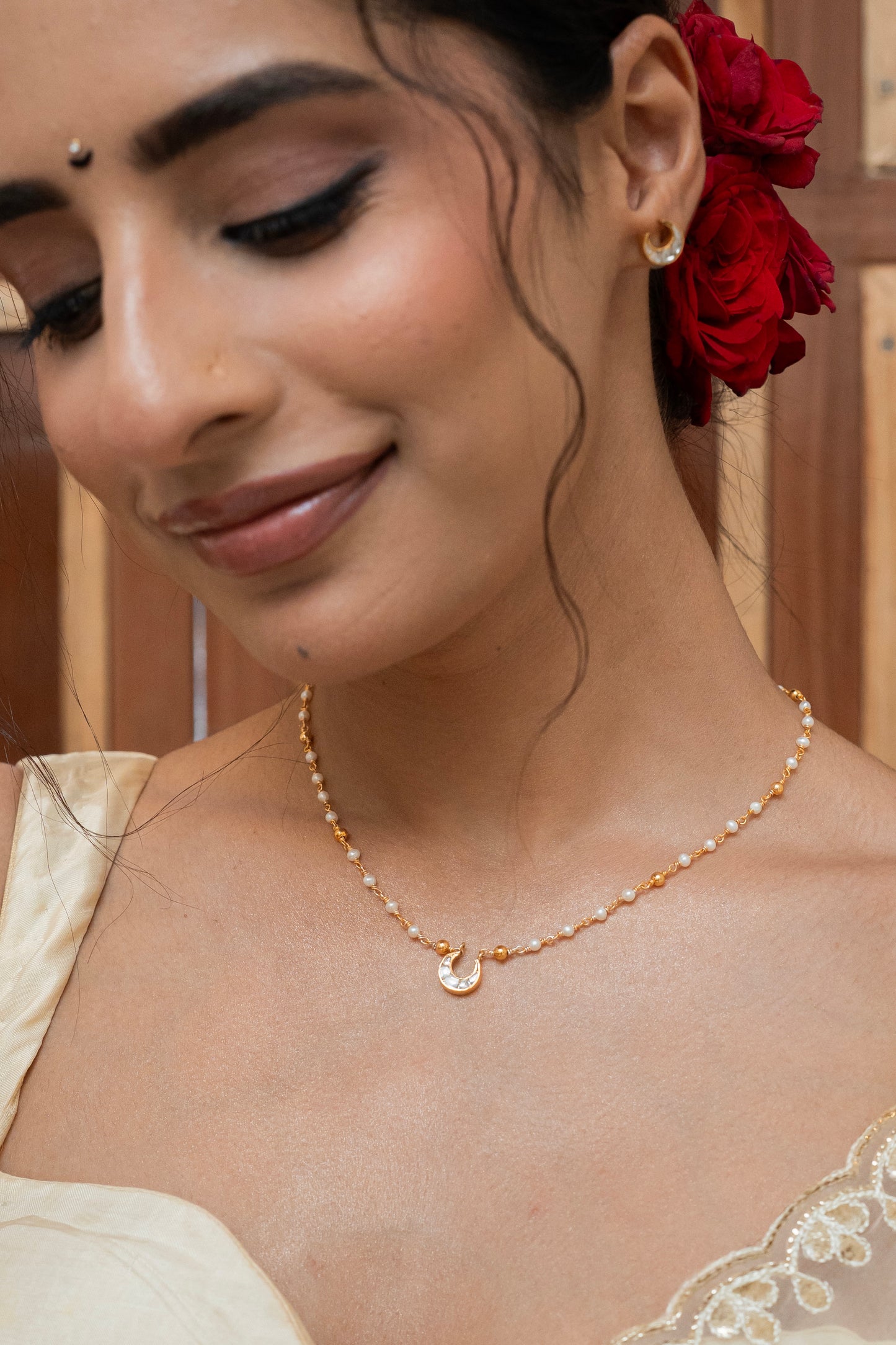 Crescent Moon Silver Pearl Chain