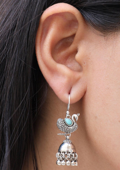 Mor Turquoise Silver Jhumki Earrings