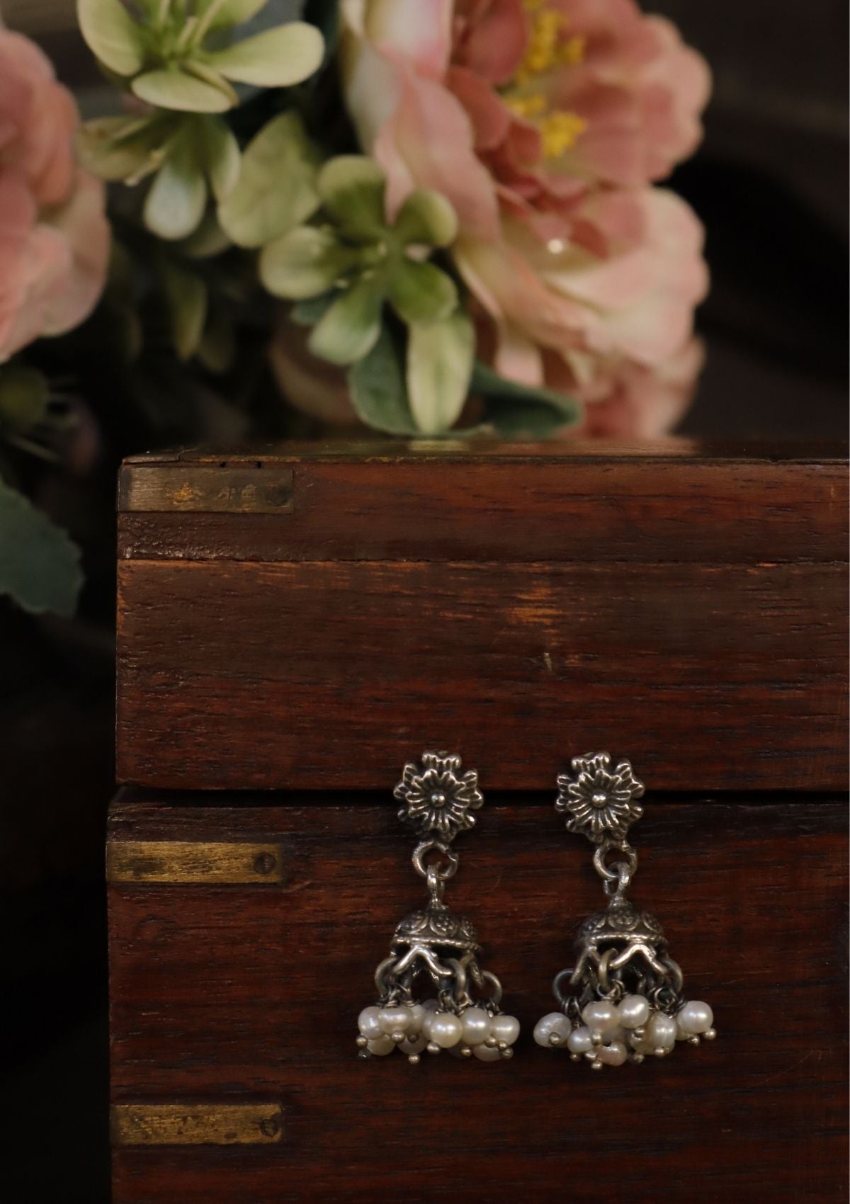 Nakhashi Pearl Silver Jhumki Earrings