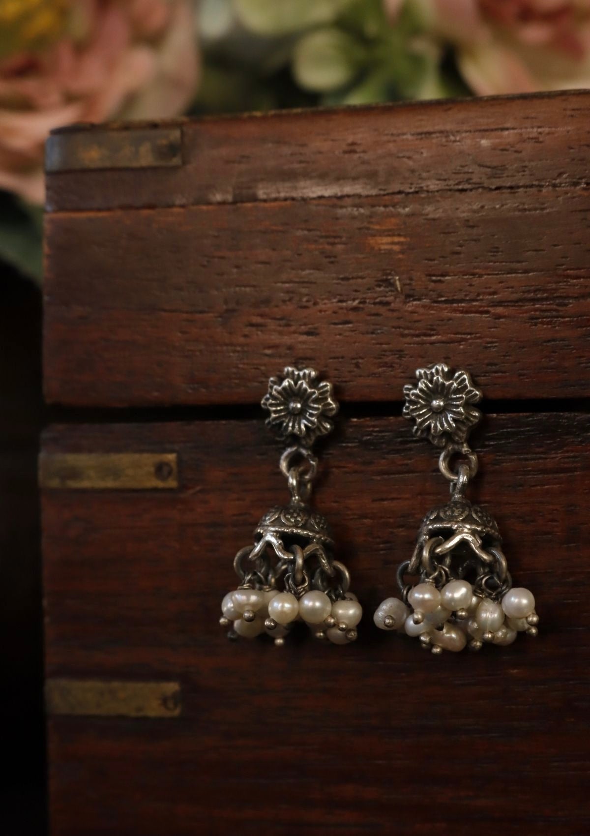 Nakhashi Pearl Silver Jhumki Earrings