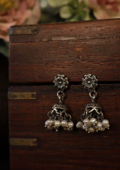 Nakhashi Pearl Silver Jhumki Earrings