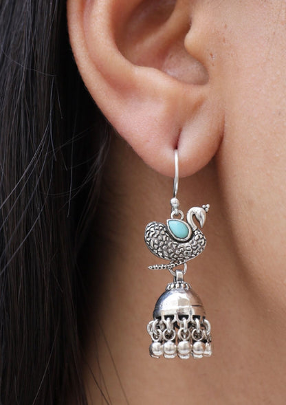Mor Turquoise Silver Jhumki Earrings