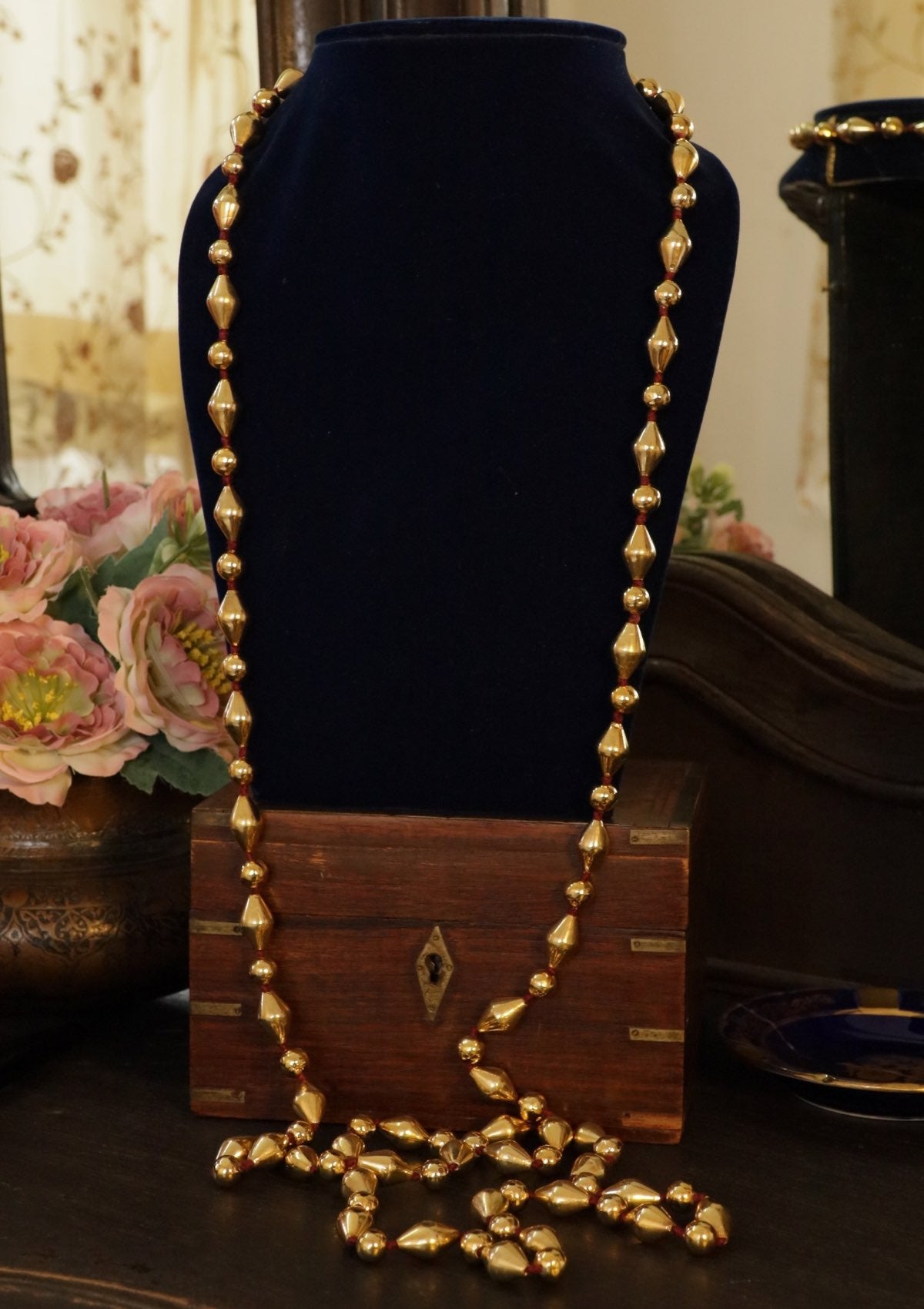 60 Inch Gold Plated Mix Dholki Beads Silver Necklace