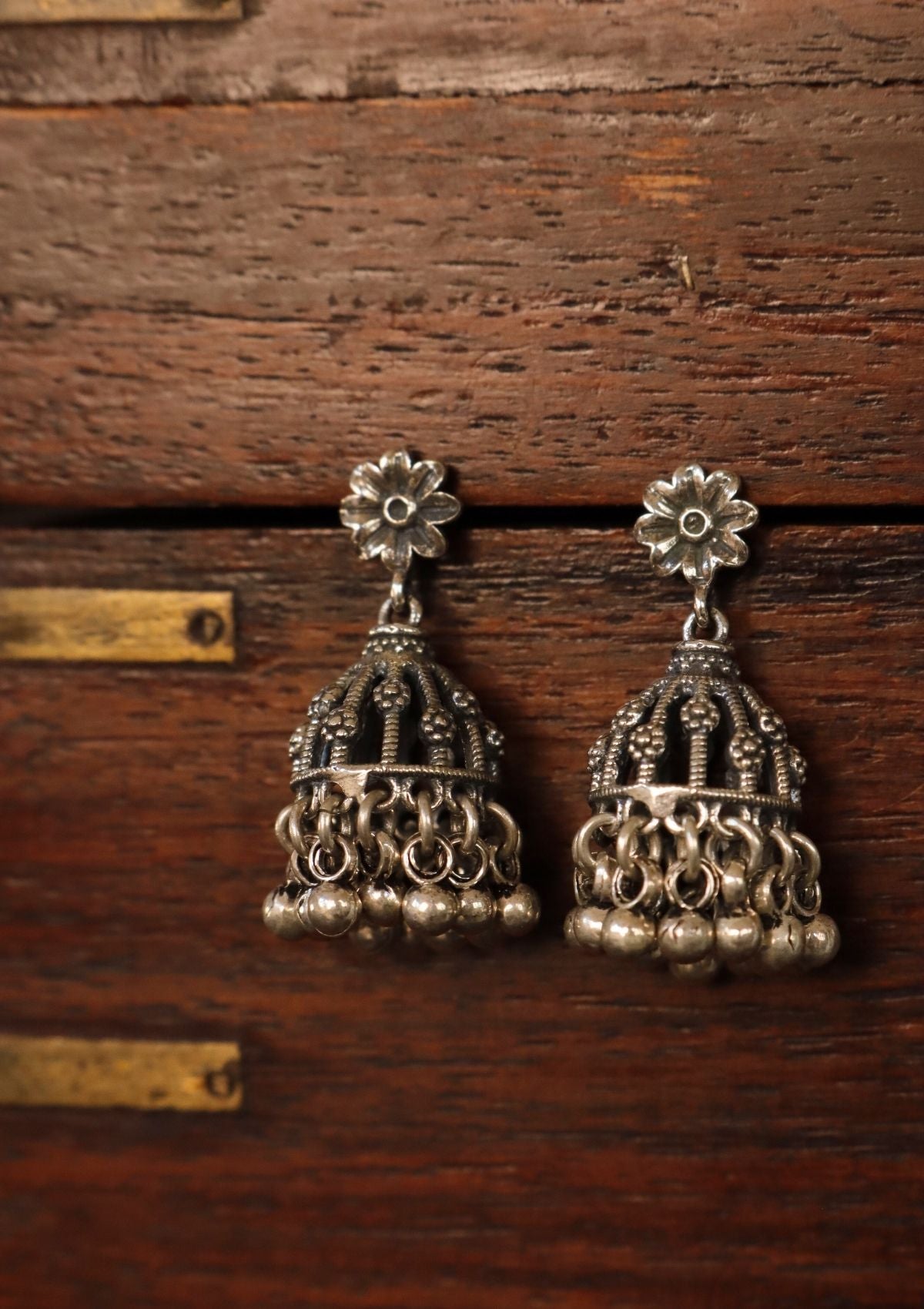 Naqqashi Silver Jhumki Earrings