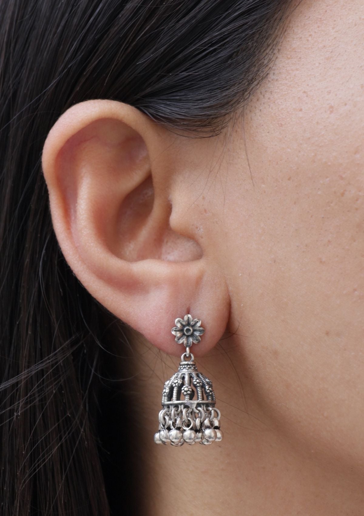 Naqqashi Silver Jhumki Earrings