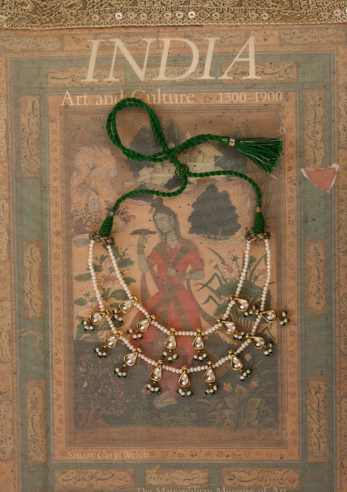 Handcrafted Nargis-E-Kamal Silver Necklace made in 92.5 silver with 24K gold plating, double-line freshwater pearls, and Quartz Polki motifs; pull-and-push thread closure; festive jewellery for women.