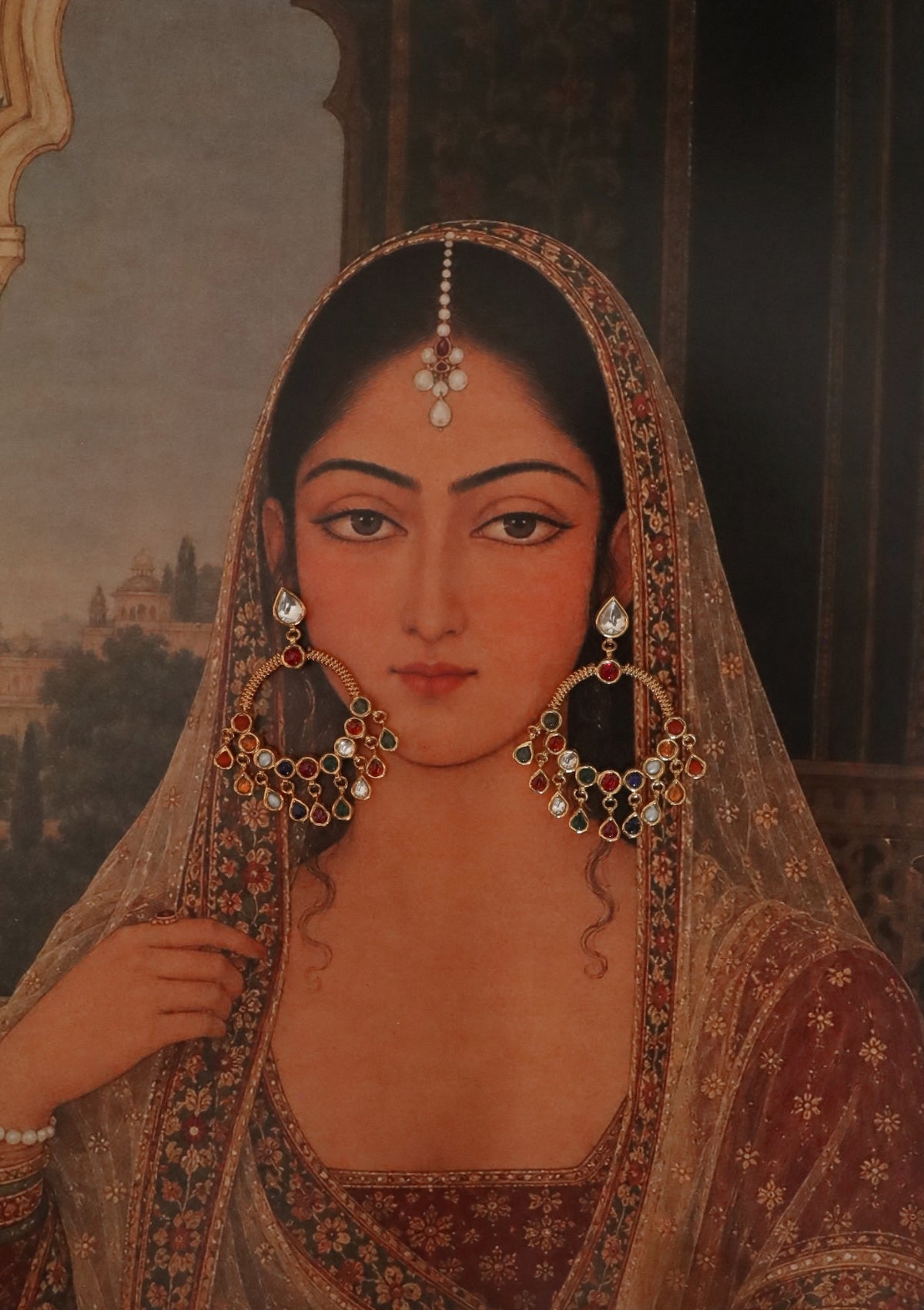 Rangrez Navratna Silver Chandbali Earrings