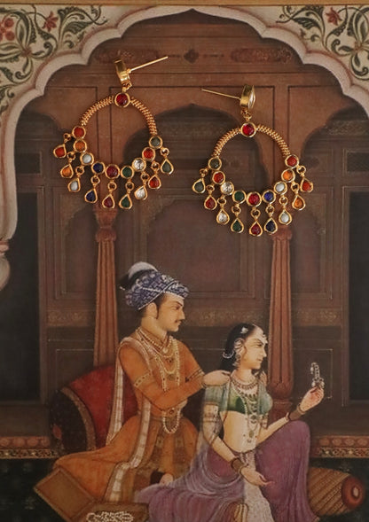 Rangrez Navratna Silver Chandbali Earrings