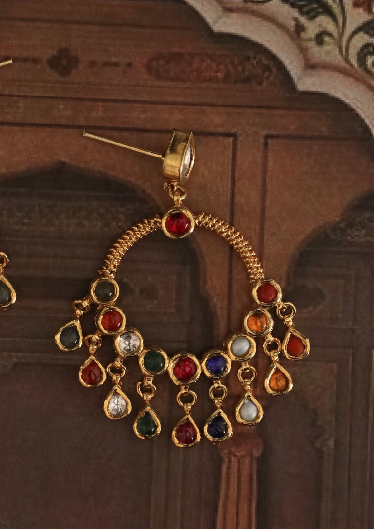 Rangrez Navratna Silver Chandbali Earrings