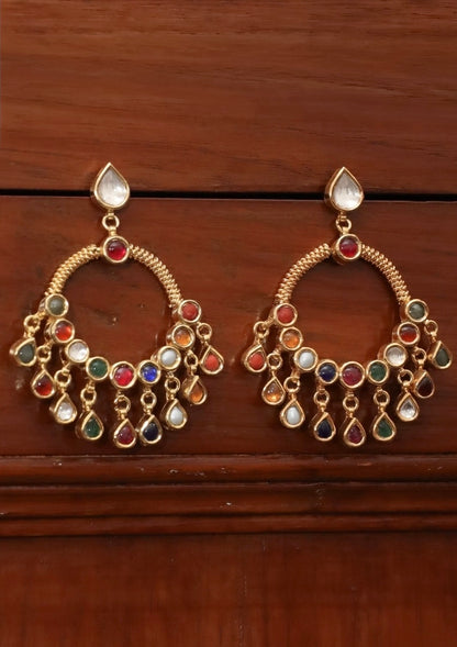 Rangrez Navratna Silver Chandbali Earrings