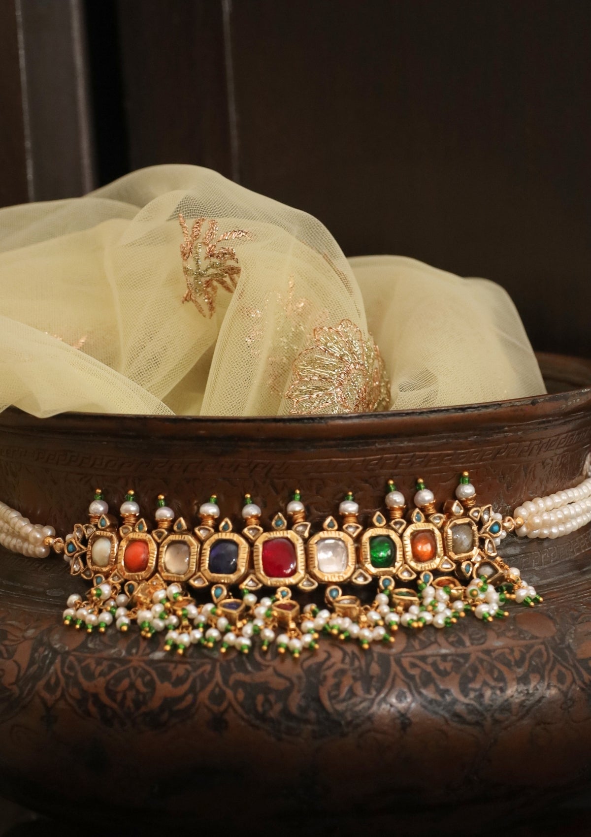 Vamika Navratna Silver Choker Necklace