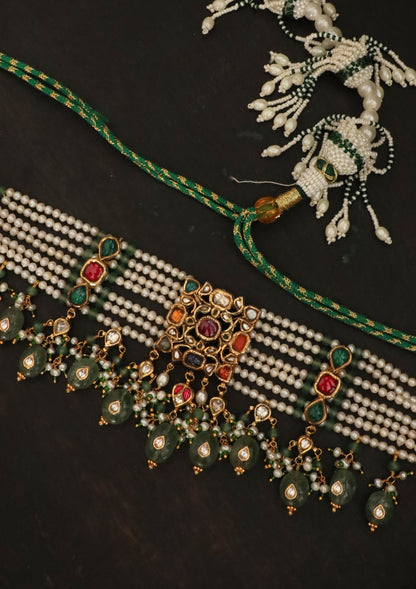 Rangmahal Navratna Silver Choker Necklace