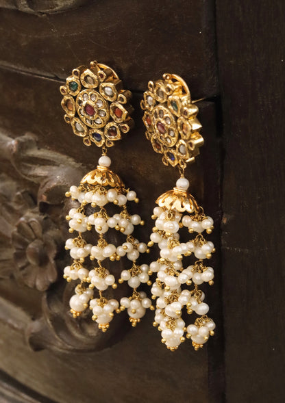 Kusum Navratna Silver Jhumki Earrings
