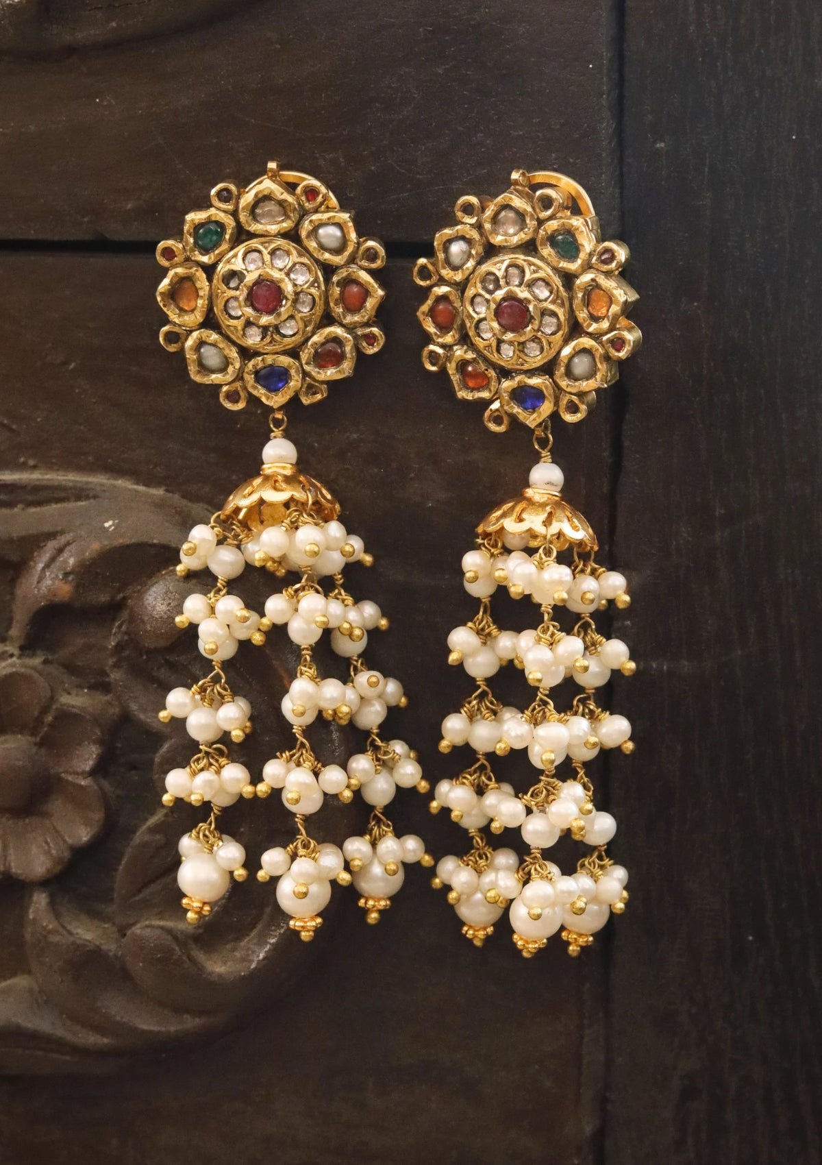 Kusum Navratna Silver Jhumki Earrings