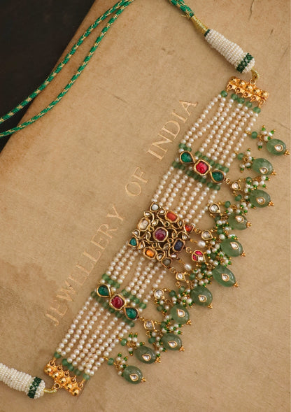 Rangmahal Navratna Silver Choker Necklace