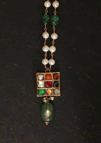 Navya Navratna Silver Pearl Necklace