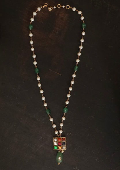 Navya Navratna Silver Pearl Necklace
