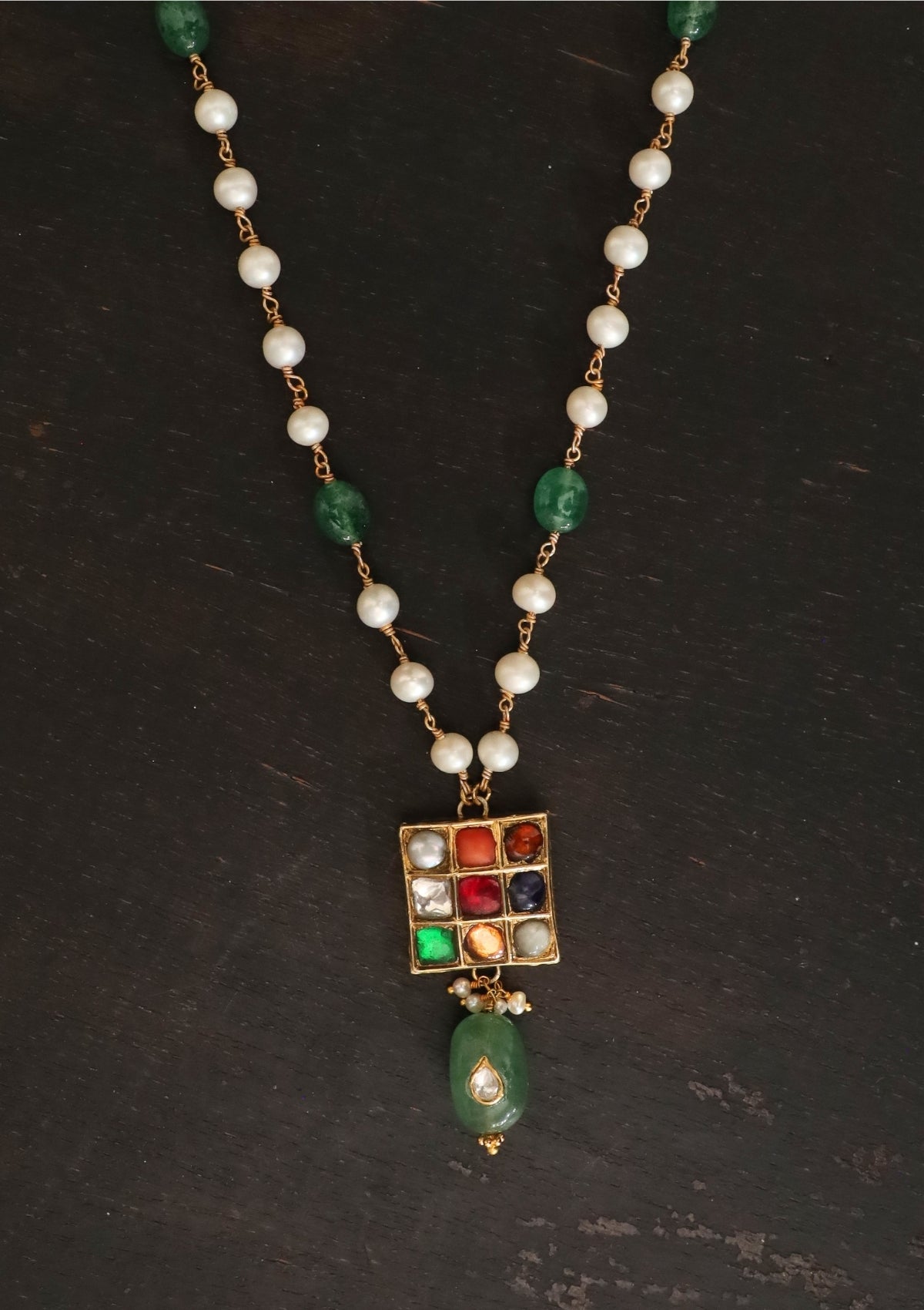 Navya Navratna Silver Pearl Necklace