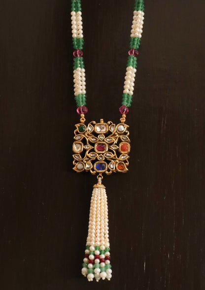 Saanjh Navratna Silver Tassel Necklace