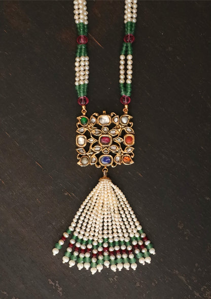 Saanjh Navratna Silver Tassel Necklace