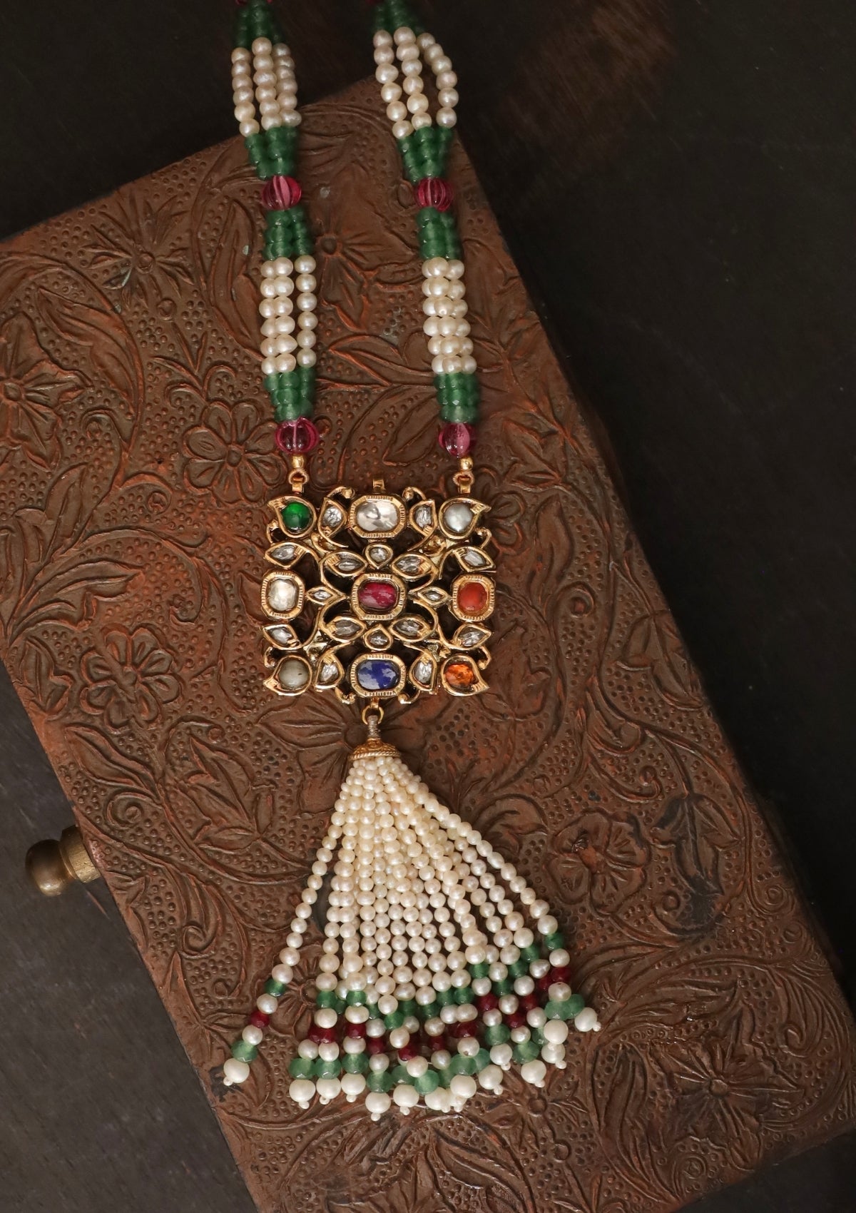 Saanjh Navratna Silver Tassel Necklace