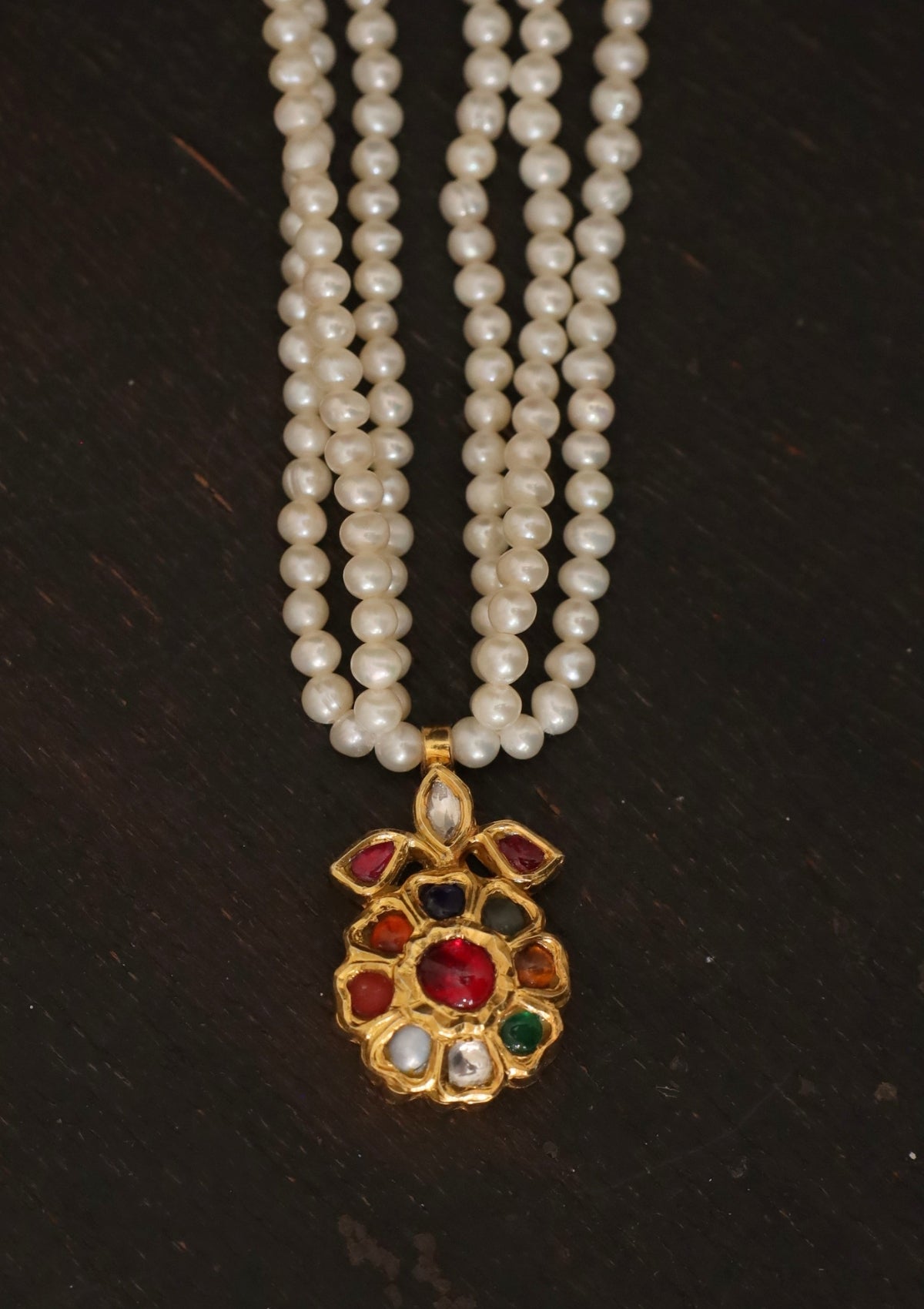 Gulbahaar Navratna Silver Pearl Necklace