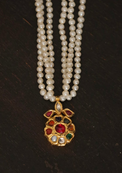 Gulbahaar Navratna Silver Pearl Necklace