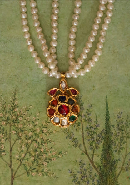 Gulbahaar Navratna Silver Pearl Necklace