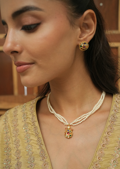Gulbahaar Navratna Silver Pearl Necklace