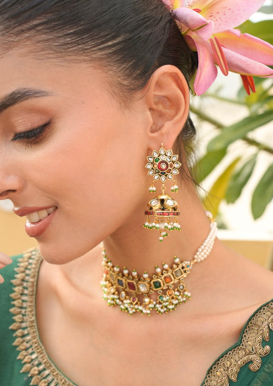 Vamika Navratna Silver Jhumki Earrings