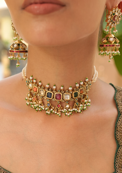 Vamika Navratna Silver Choker Necklace