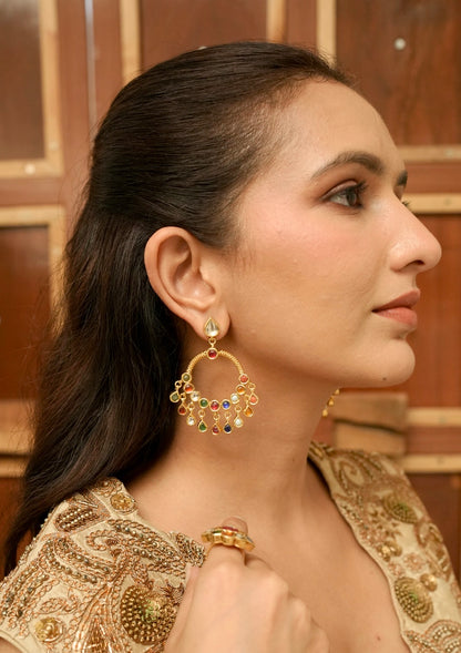 Rangrez Navratna Silver Chandbali Earrings