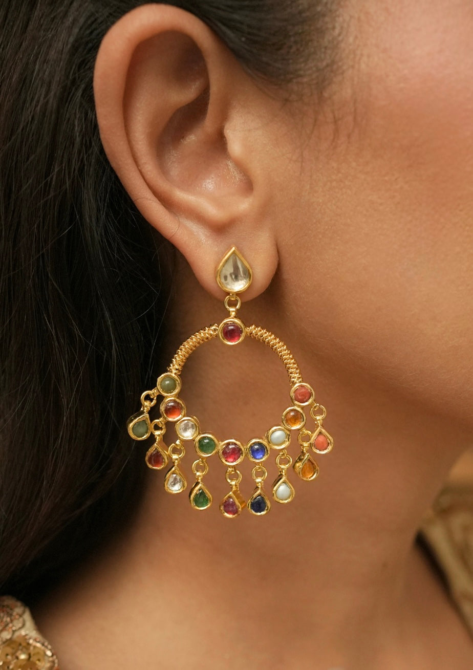 Rangrez Navratna Silver Chandbali Earrings