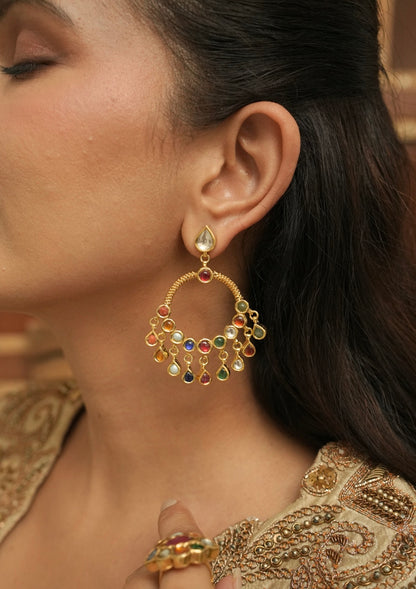 Rangrez Navratna Silver Chandbali Earrings