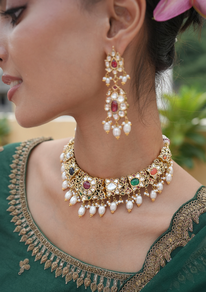 Padmavati Navratna Silver Necklace